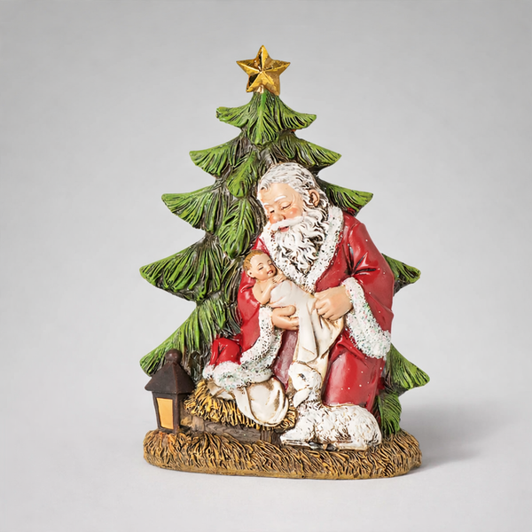 Kneeling Santa and Babe by Tree Slim Statue by Roman Inc #34353