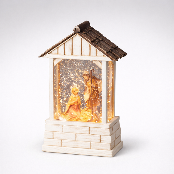 Holy Family Mini Stable Glitterdome in Antique White Finish by Fontanini