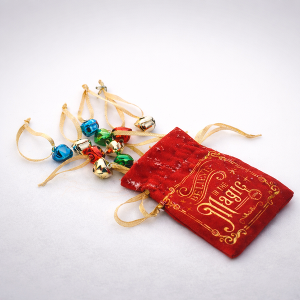 Bag of 10 Bells in Velvet BELIEVE Pouch for Kneeling Santa